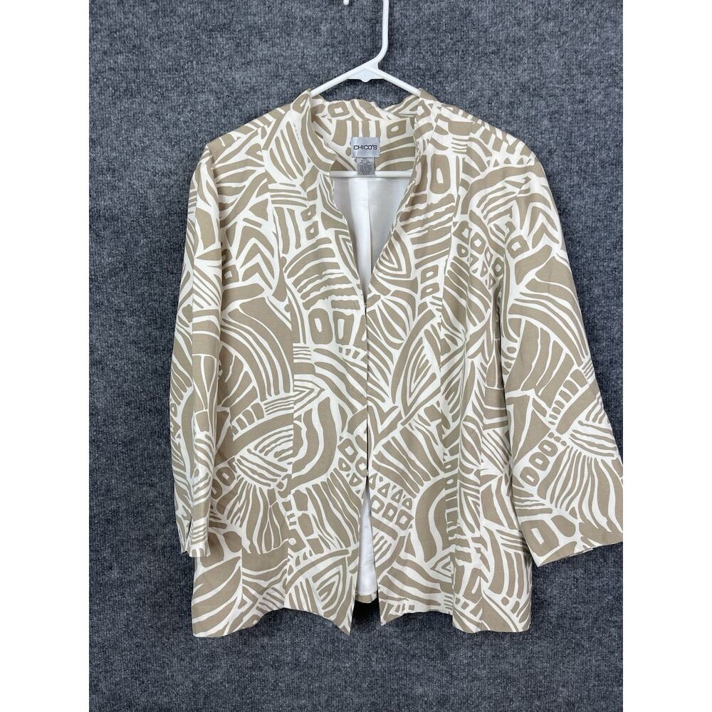 Chico's Sz‎ XL Women’s 3 Lined Jacket Blazer Safari Geometric Pattern Tan White